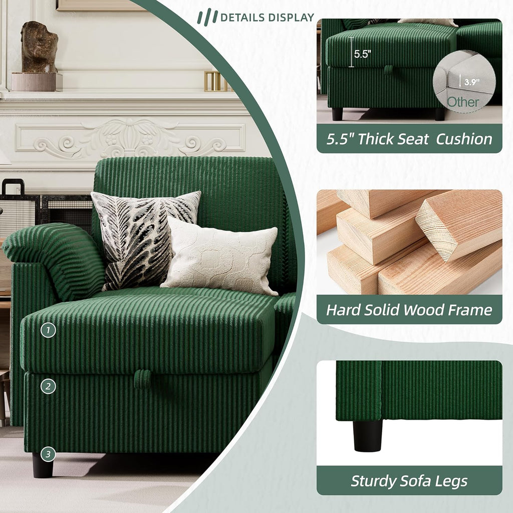 Vongrasig Convertible Sectional Couch, 3 Seat L Shaped Sofa with Removable Pillows Linen Fabric Small Modern Couch Mid Century for Living Room, Apartment and Office, Green