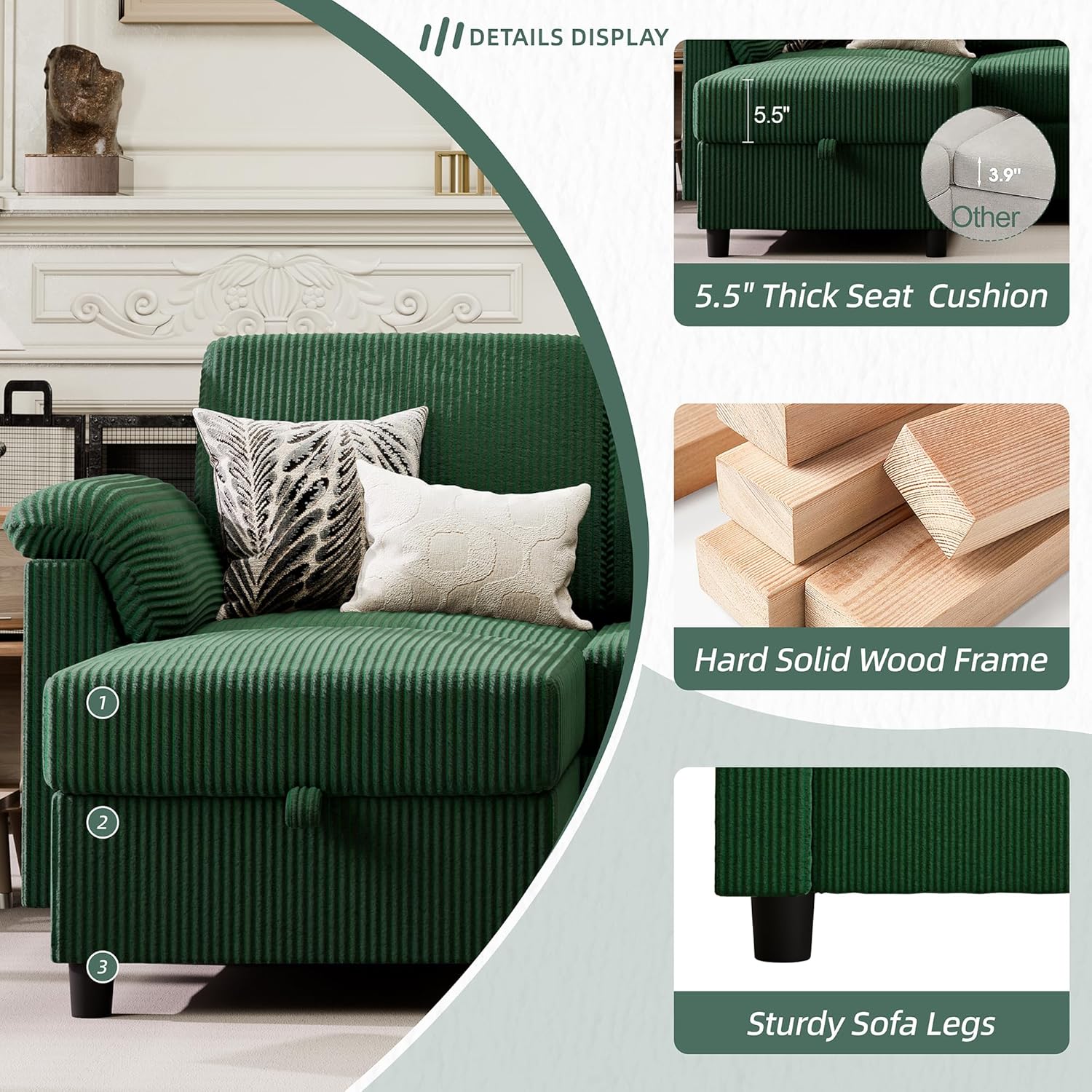Vongrasig Convertible Sectional Couch, 3 Seat L Shaped Sofa with Removable Pillows Linen Fabric Small Modern Couch Mid Century for Living Room, Apartment and Office, Green