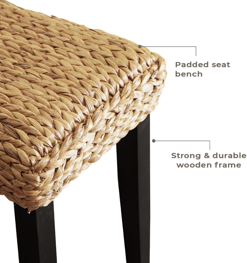 End of Bed Bench for Bedroom, 47" Entryway Bench with Solid Wood Acacia, Water Hyacinth Indoor Bench Seat, Boho Woven Bench for Living Room, Wicker Bench for Hallway or Kitchen, Wood Bench (Black Leg)