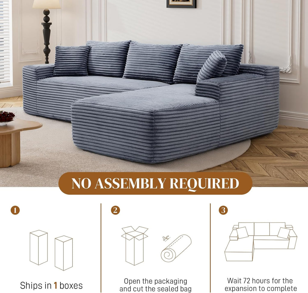 95" Boneless Cloud Sectional Couches for Living Room, Comfy Fluffy L Shaped Memory Foam Deep Seat Boneless Couch, Modular Sectional Sofa with Right Facing Chaise, Grey