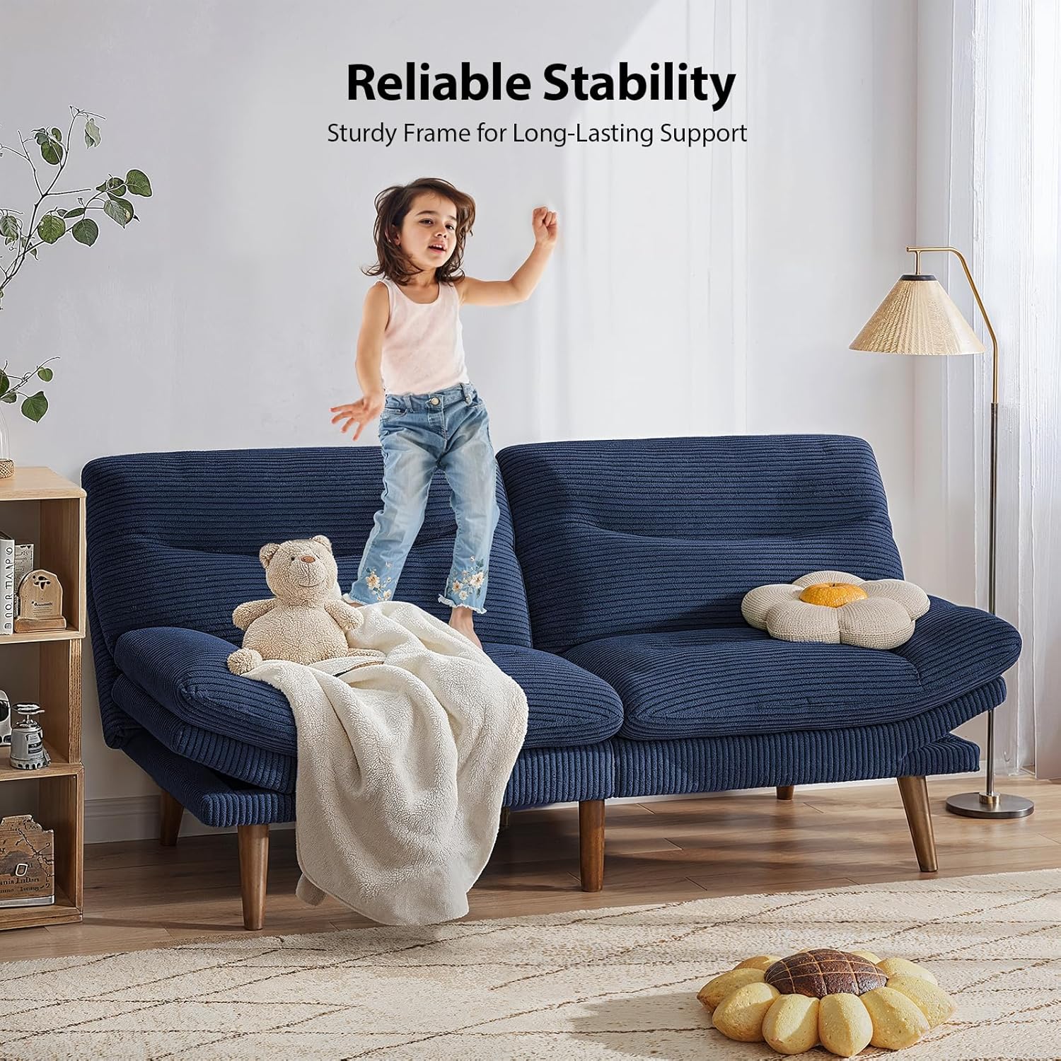 Pipishell Futon Sofa Bed, 66 Inch Corduroy Futon Couch Convertible with Adjustable Backrest and Armrests, Recliner Sleeper Sofa for Small Spaces, Living Room, Office, Guest Room (Blue, 66 Inch)