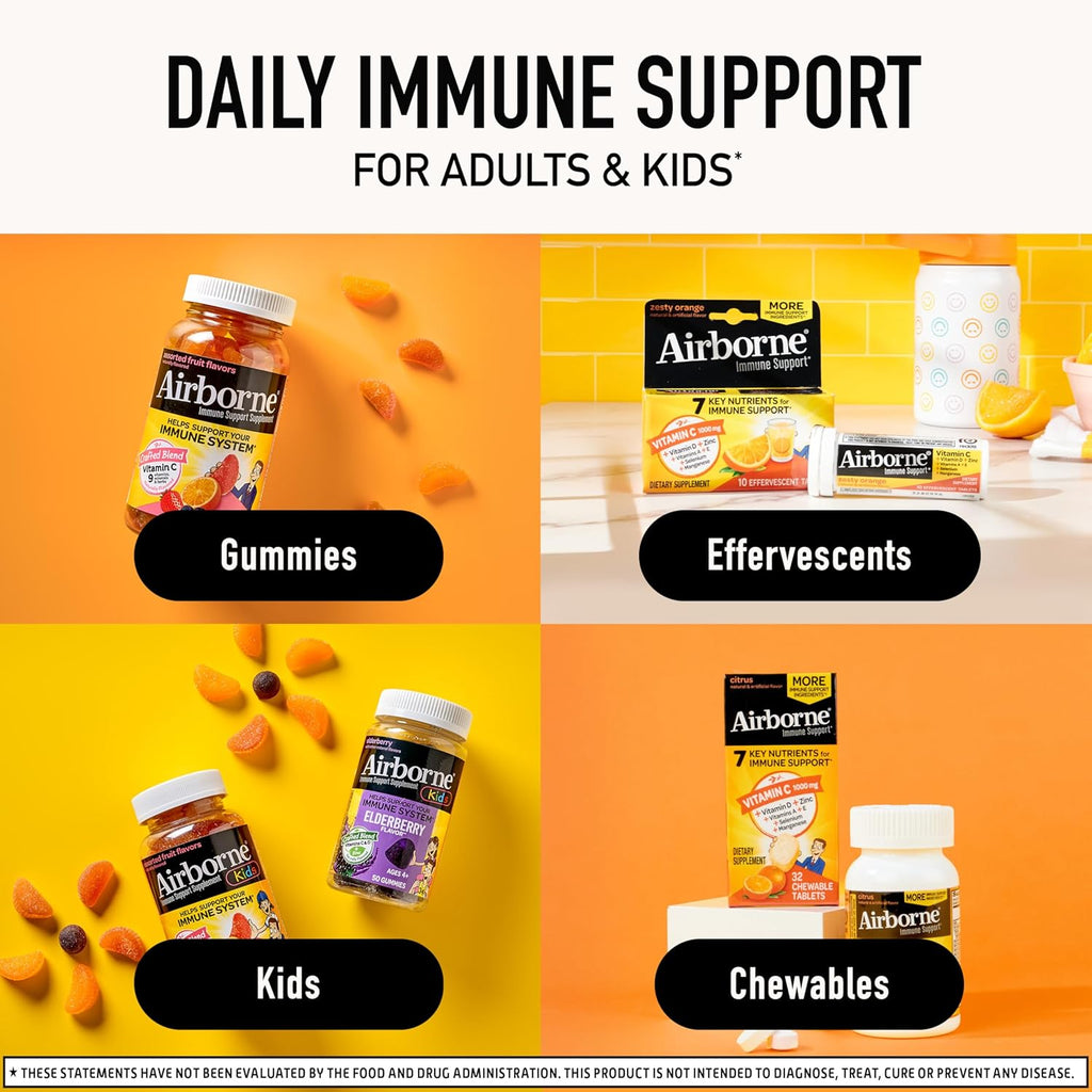Airborne 1000mg Vitamin C + Zinc Sugar Free Multivitamin Immune Support Effervescent Fizzy Drink Tablets, Zesty Orange Flavor with Powerful Antioxidants Vitamins A C & E, 30 Tablets