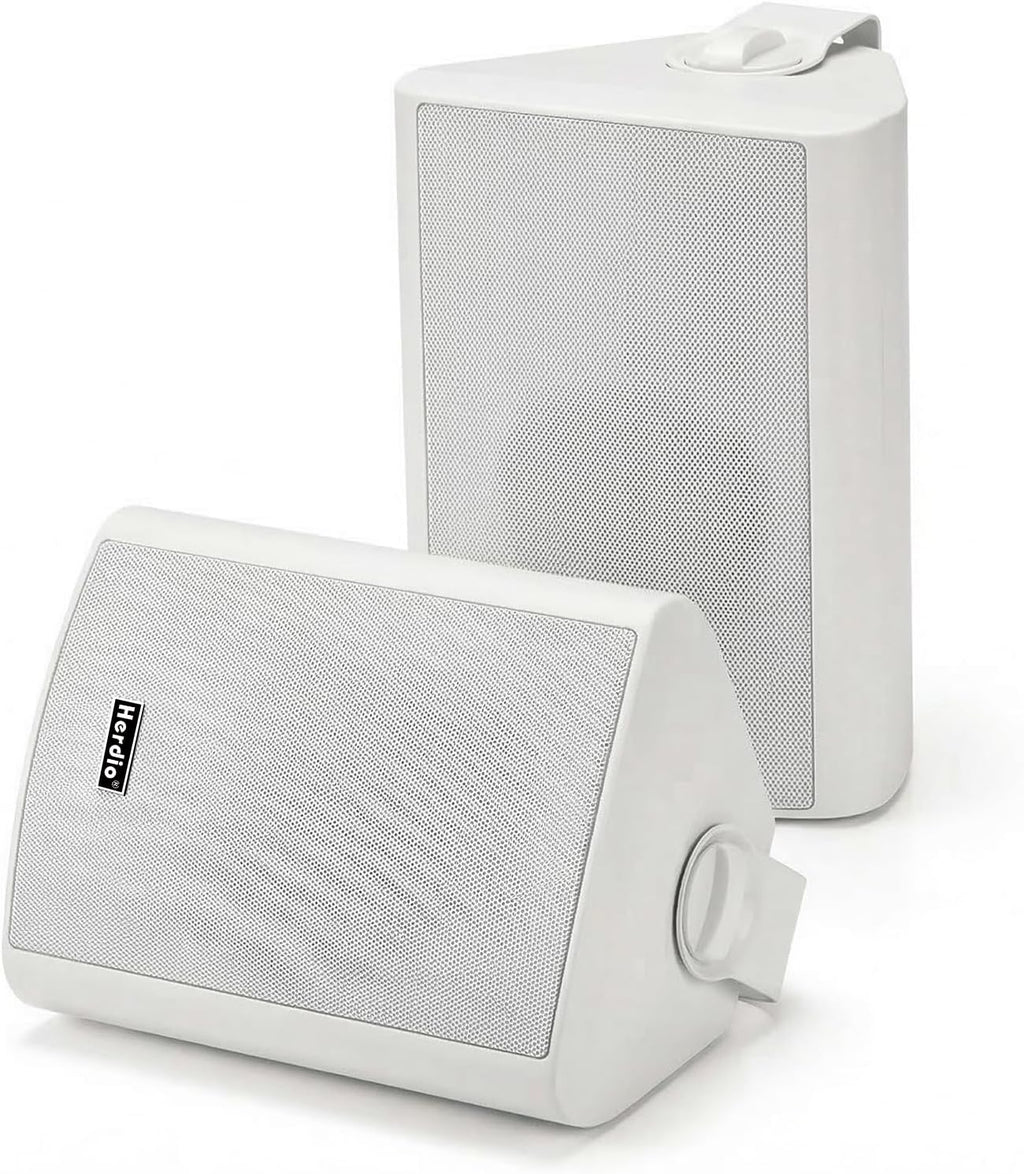 Herdio 6.5" 400W Outdoor Bluetooth Speakers, IPX5 Waterproof Rating and Be Able to Wireless Multi-Connection Up to 20 Units for Patio/Porch/Balcony (White, 2-Pack)