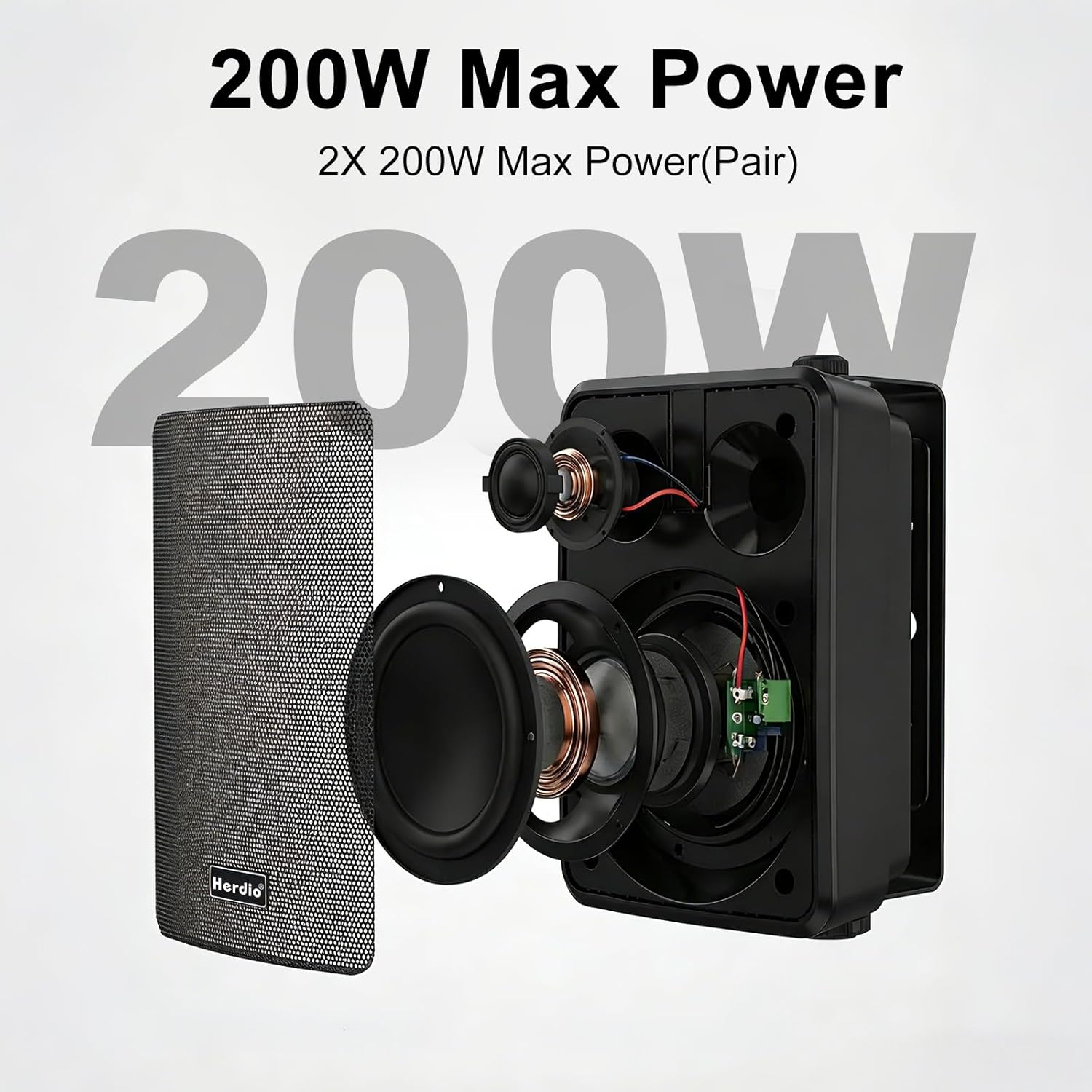 Herdio 6.5" 400W Outdoor Bluetooth Speakers, IPX5 Waterproof Rating and Be Able to Wireless Multi-Connection Up to 20 Units for Patio/Porch/Balcony (Black, 2-Pack)