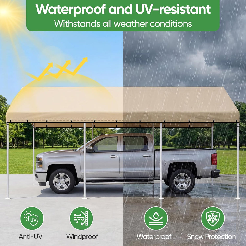 SIHAIAN 10 x 20 Ft Carport Replacement Canopy Cover(No Frame), Easy to Set up Carport Canopy, 500D Heavy-Duty Garage Top Tent Shelter Tarp Waterproof and UV Protected (Only Canopy Cover) Beige