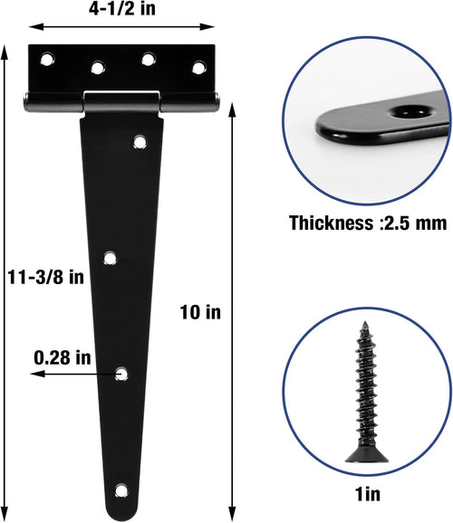 10 Inch Shed Door Hinges T-Strap Gate Hinge Heavy Duty 2 Pack Barn Farm Fence Tee Hinges for Doors Outdoor Kitchen Wood Cabinet Interior Exterior Window Bar Shop Matte Blake Door Hinge Hardware Kit