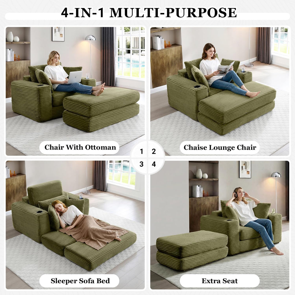 HANXIN 62" Chaise Lounge Chair Indoor, Oversized Corduroy Boneless Convertible Chaise Lounge Couch Sleeper Chair with Ottoman, Deep Seat Reading Chair, No Assembly Required (Green)