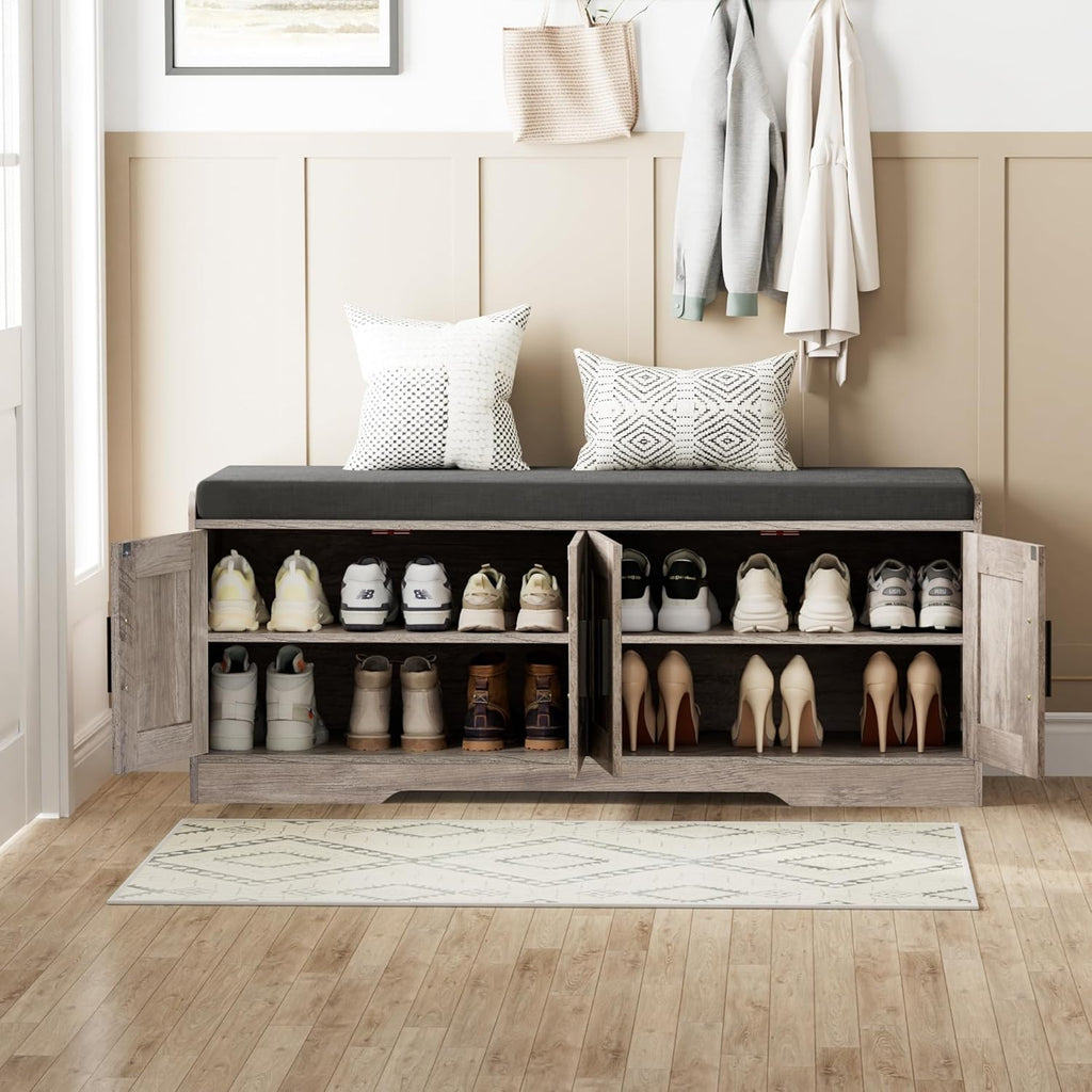 Homleke 2-Tier Storage Bench, Shoe Bench with Thickened Padded Seat Cushion, Entryway Bench with 4 Doors, Adjustable Shelf, 13.8" D x 45.3" W x 18.5" H, for Entryway, Living Room, Bedroom, Greige