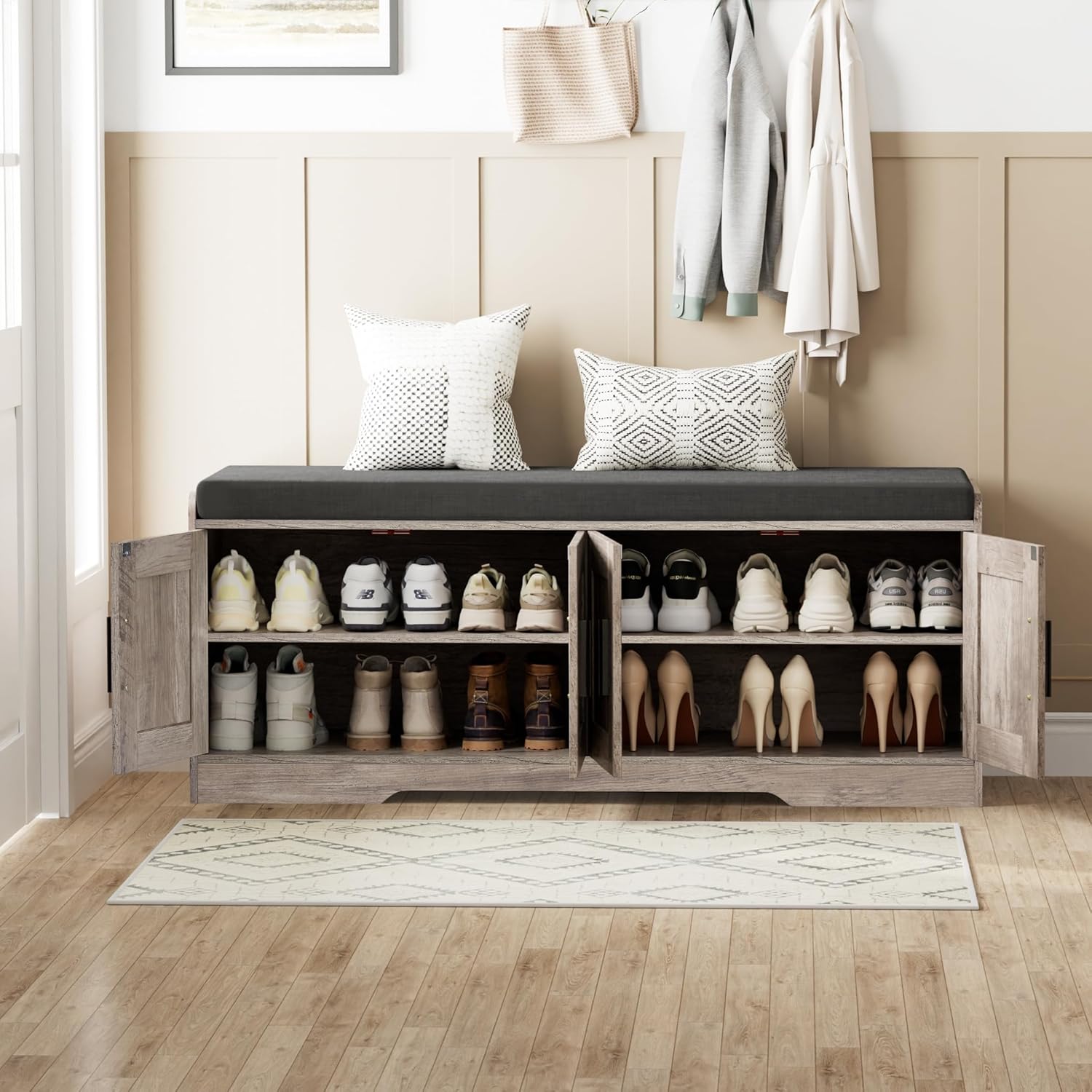 Homleke 2-Tier Storage Bench, Shoe Bench with Thickened Padded Seat Cushion, Entryway Bench with 4 Doors, Adjustable Shelf, 13.8" D x 45.3" W x 18.5" H, for Entryway, Living Room, Bedroom, Greige