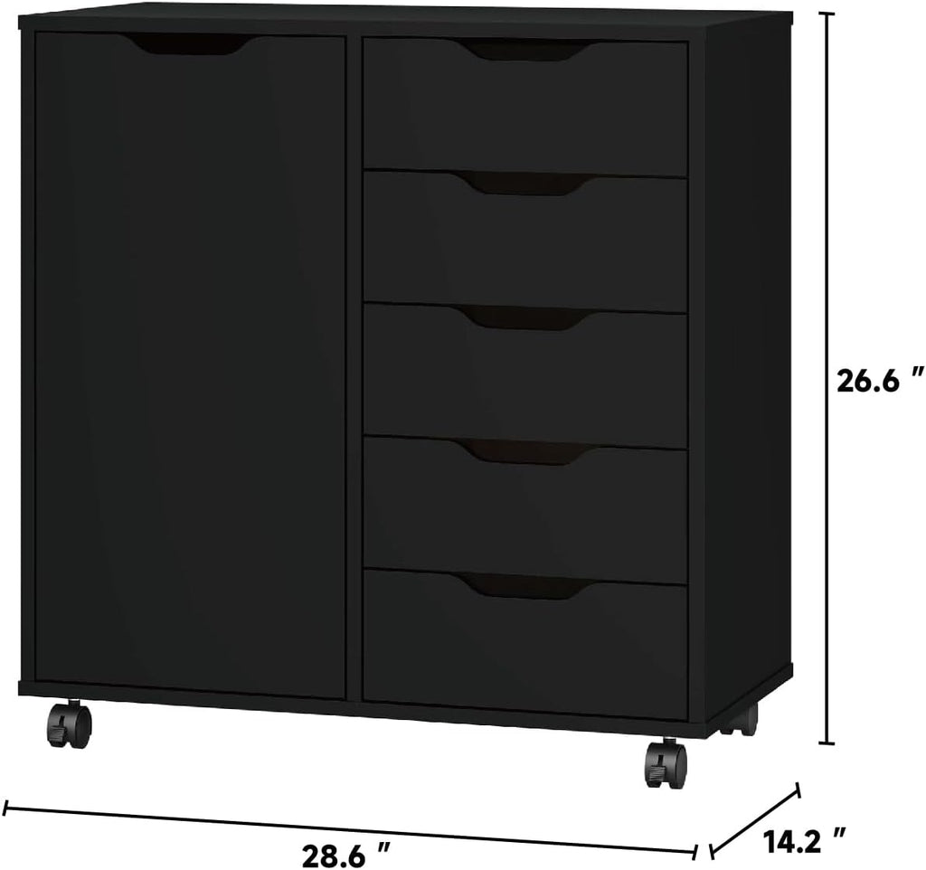 Panana 5-Drawer Chest with 1 Door, Wooden Chest of Drawers Storage Dresser Cabinet with Wheels, Office Organization and Storage, Bedroom Furniture (Black-S)