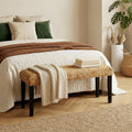 End of Bed Bench for Bedroom, 47" Entryway Bench with Solid Wood Acacia, Water Hyacinth Indoor Bench Seat, Boho Woven Bench for Living Room, Wicker Bench for Hallway or Kitchen, Wood Bench (Black Leg)