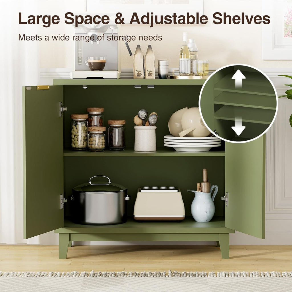 Fluted Cabinet with Storage, 2 Doors Sideboard Buffet, Mid Century Modern Accent Cabinet with Adjustable Shelves, Multifunctional Console Table with Storage for Living Room, Kitchen, Entryway, Green