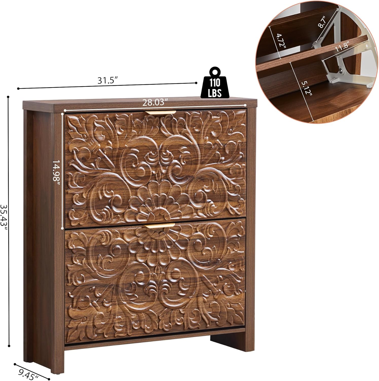weselon Shoe Cabinet with Flip Drawers, Narrow Shoe Storage Cabinet, 2-Tier Hidden Shoe Organizer with Carved Floral for Entryway, Mid-Century Modern Slim Shoes Storage for Hallway Foyer (1, Walnut)