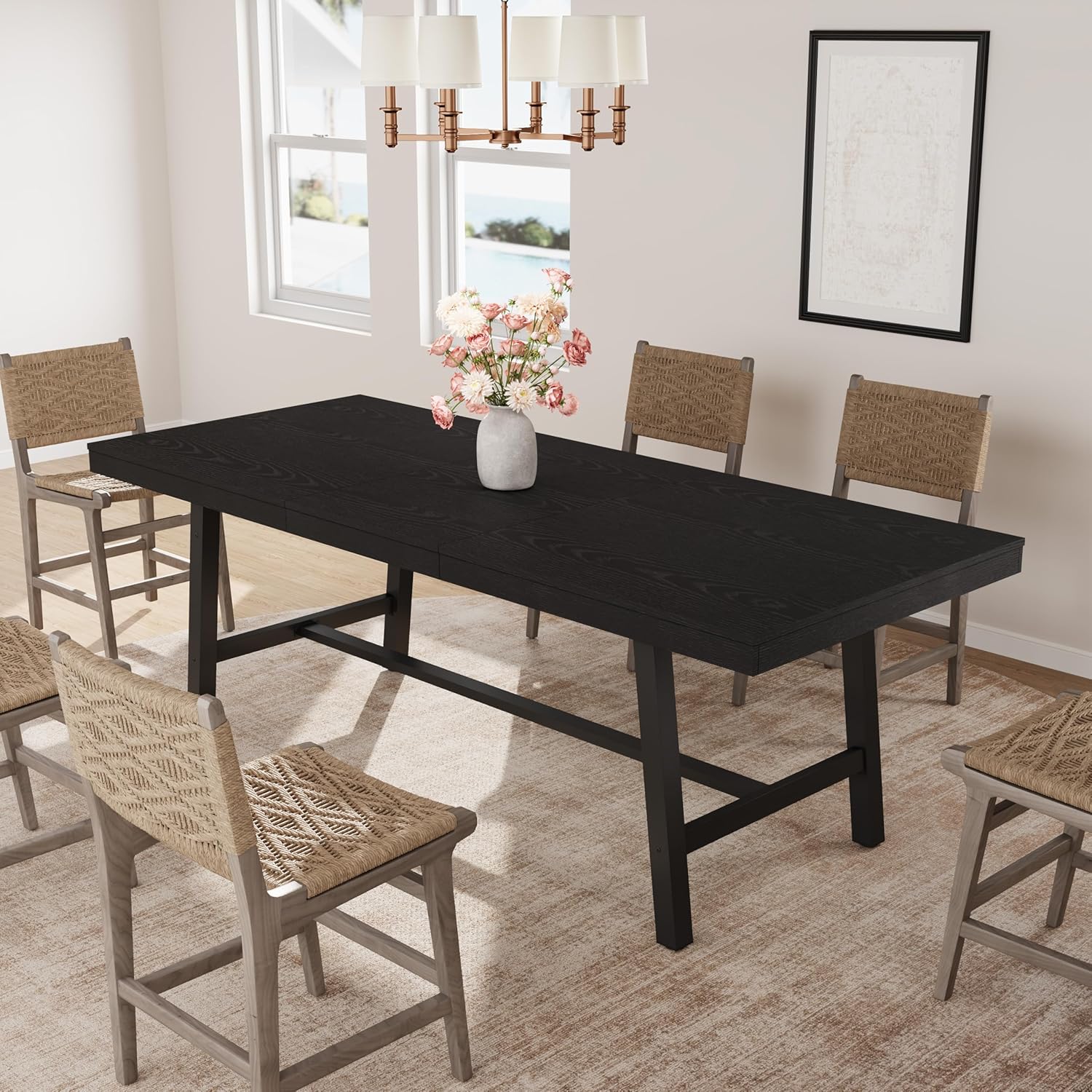 GarveeHome 63-83" Extendable Dining Table, Industrial Rectangular Dining Room Table for 6-8 People, Expandable Kitchen Table with Heavy Duty Metal Frame for Dining Room, Kitchen & Parties, Black