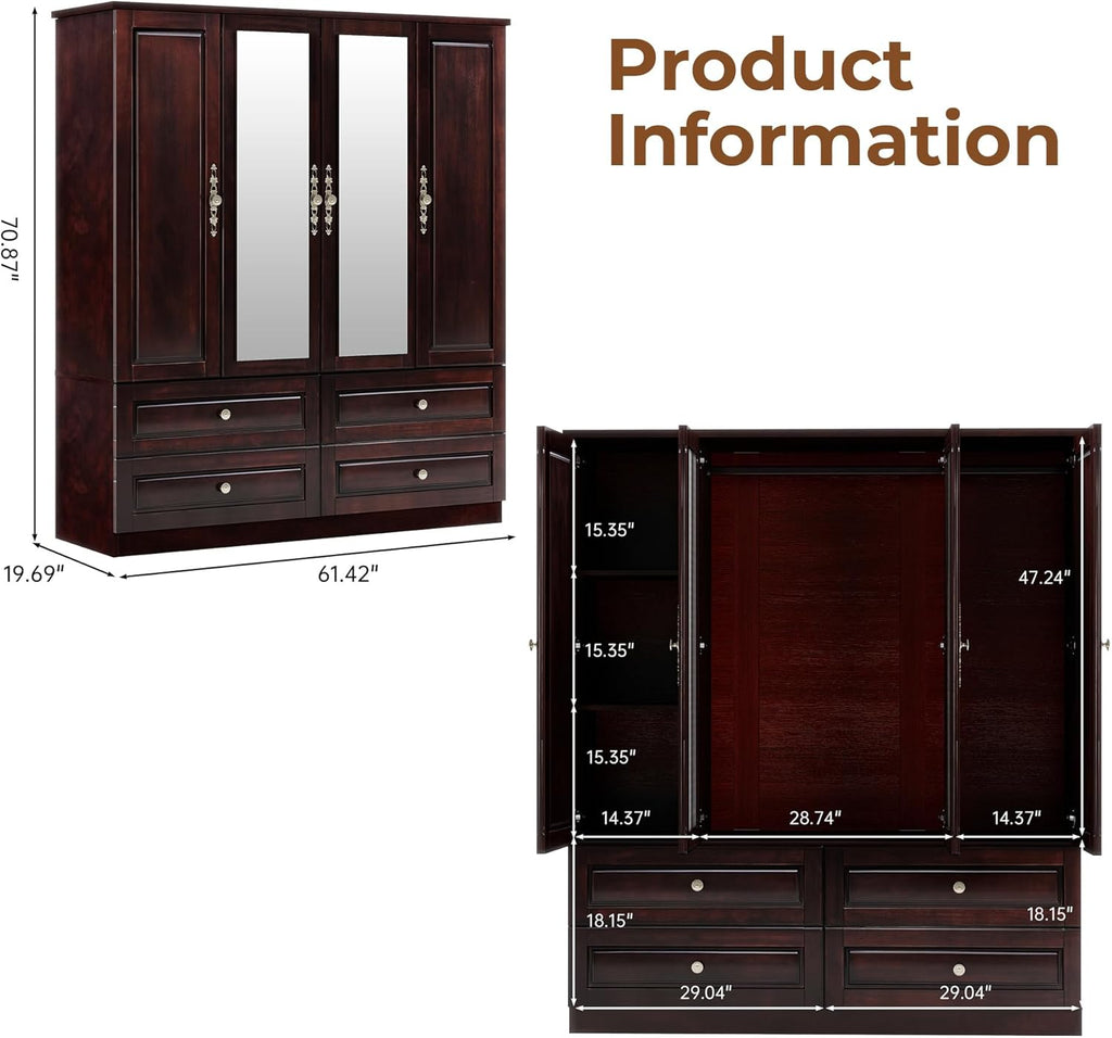 Solid Wood Armoire Wardrobe Closet: 70.87"Large Wardrobe Cabinet Storage,Clothes Organizer with Mirror,Doors,Shelves,Hanging Rods and Drawers,American Style Freestanding Bedroom Brown Black Finish