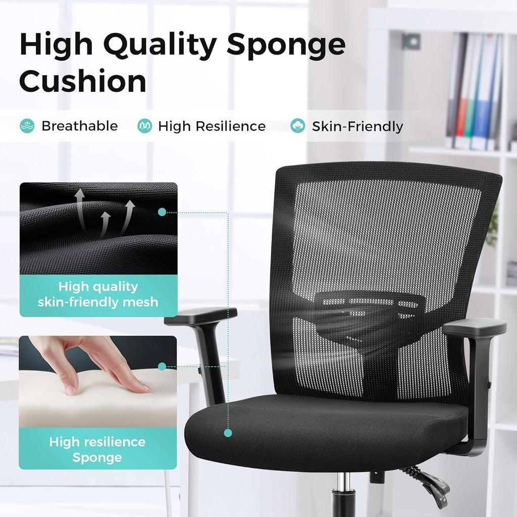 ALPHA HOME Office Chair Ergonomic, Mid Back Mesh Computer Chair with Lumbar Support Executive Stool with Adjustable Armrest & Seat Cushion, BIFMA & SGS Certified