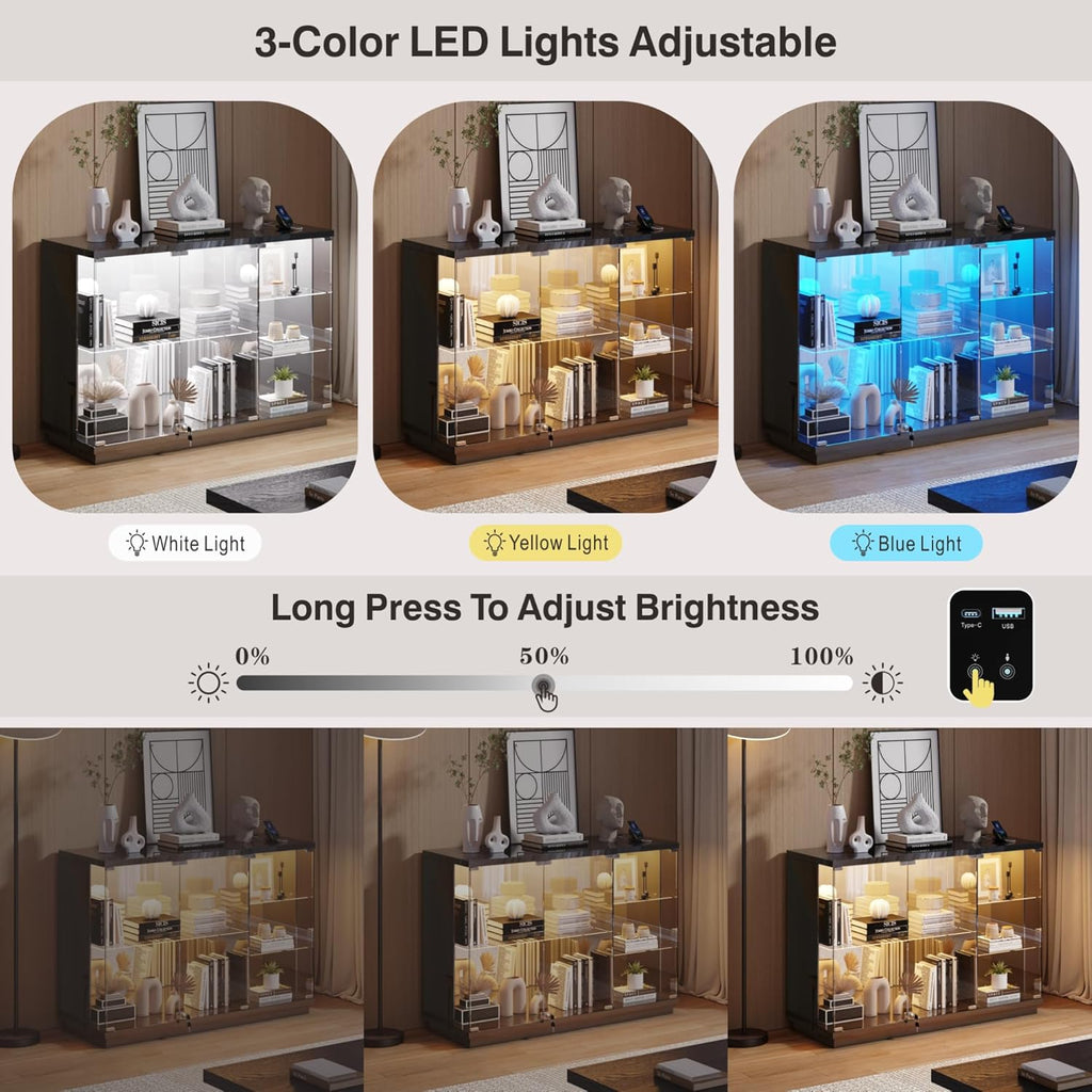 Lvifur Glass Display Cabinet with Lock & LED Light, High Gloss Sideboard with Human Body Sensor & Glass Shelves for Toys, Books, Collectibles, Liquor, Bookcase for Living Room, Kitchen, Study, Black
