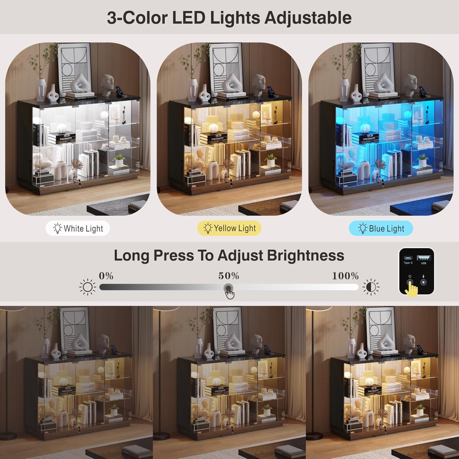 Lvifur Glass Display Cabinet with Lock & LED Light, High Gloss Sideboard with Human Body Sensor & Glass Shelves for Toys, Books, Collectibles, Liquor, Bookcase for Living Room, Kitchen, Study, Black