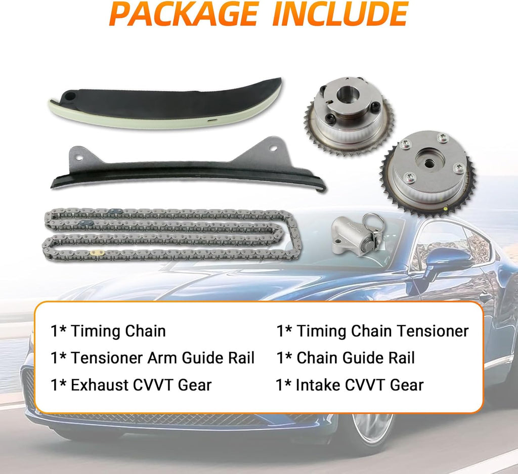 Engine Timing Chain Kit, Compatible with Elantra Coupe Tucson Kia Soul Forte Koup 2.0L L4, Automotive Replaces Part with Intake&Exhaust CVVT Gears 24321-2E200 24350-2E201 24370-2E200
