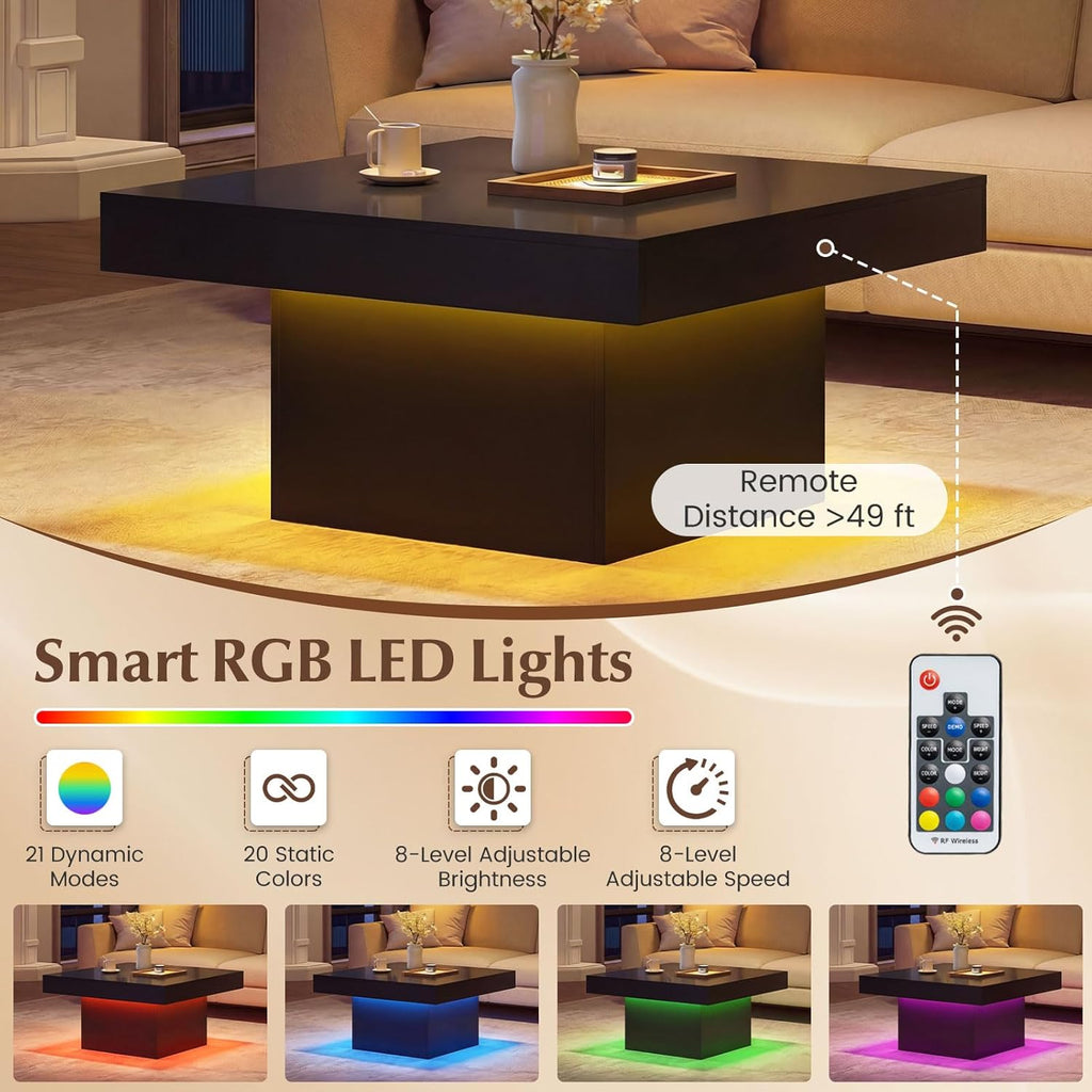 Giantex LED Coffee Table, Square Center Table with Remote, 21 Dynamic Modes, 20 Static Colors, Adjustable Brightness & Speed, Wood Low Cocktail Accent Table, Modern Living Room Table (Black)