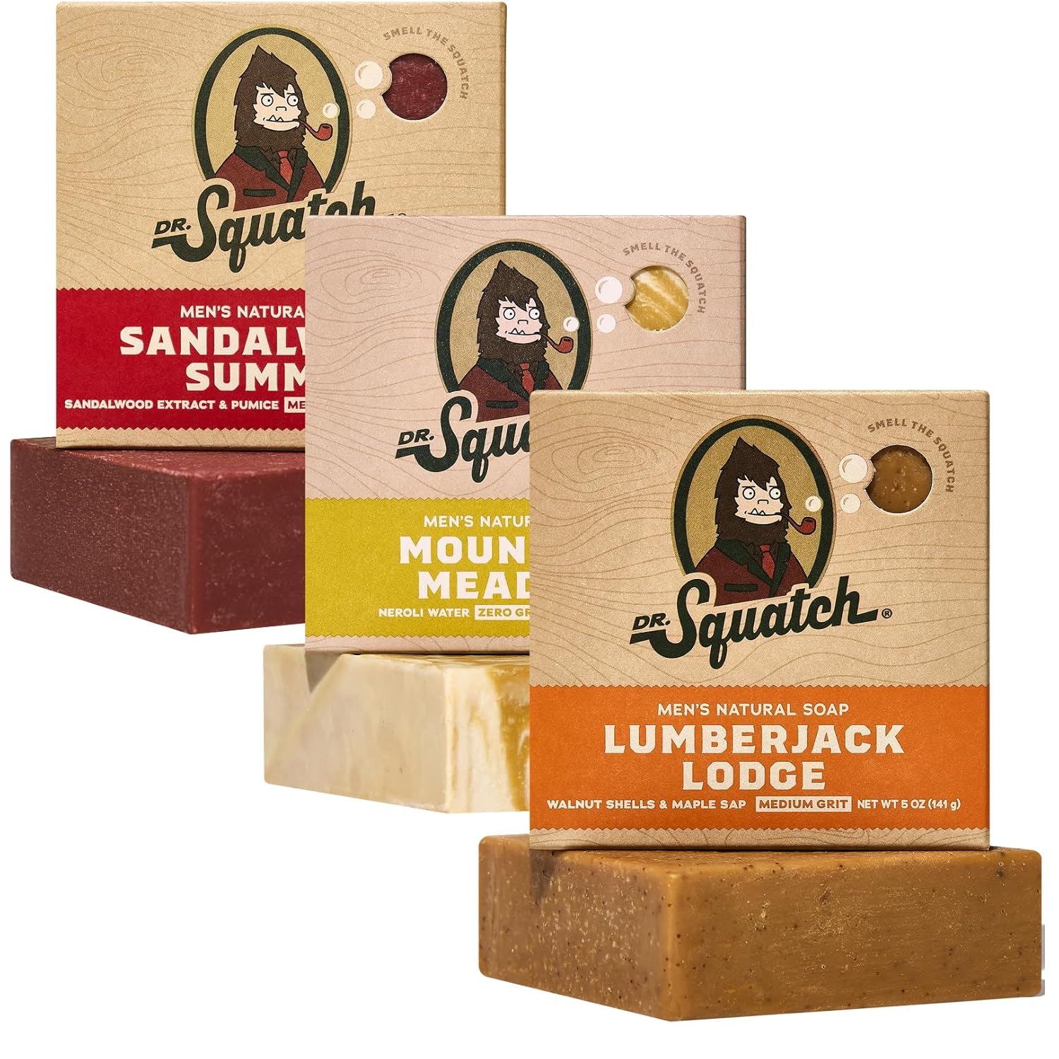 Dr. Squatch Natural Men's Bar Soap - Cold Process Body Soap Bar with Natural Oils - Gifts for Men - Sandalwood Summit, Mountain Meadow & Lumberjack Lodge (5 oz, 3-Pack)