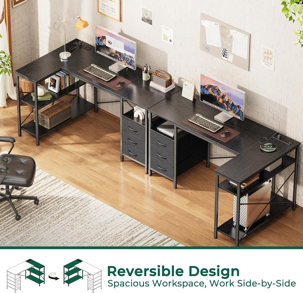 Huuger L Shaped Office Desk with Power Outlets, 47 Inch Computer Desk with 3 Drawers, Shelves, for Gaming, Corner Work, Home Office, Study, Black
