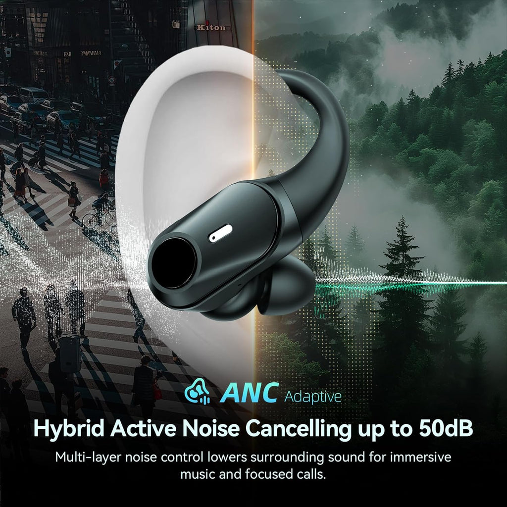 Active Noise Cancelling Wireless Earbuds Bluetooth Headphones 80H Playtime Ear Buds with Power Display Case Hi-Res Sound & Clear Calls Over Ear Hooks Earphones for Sports Running Gym Workout Black