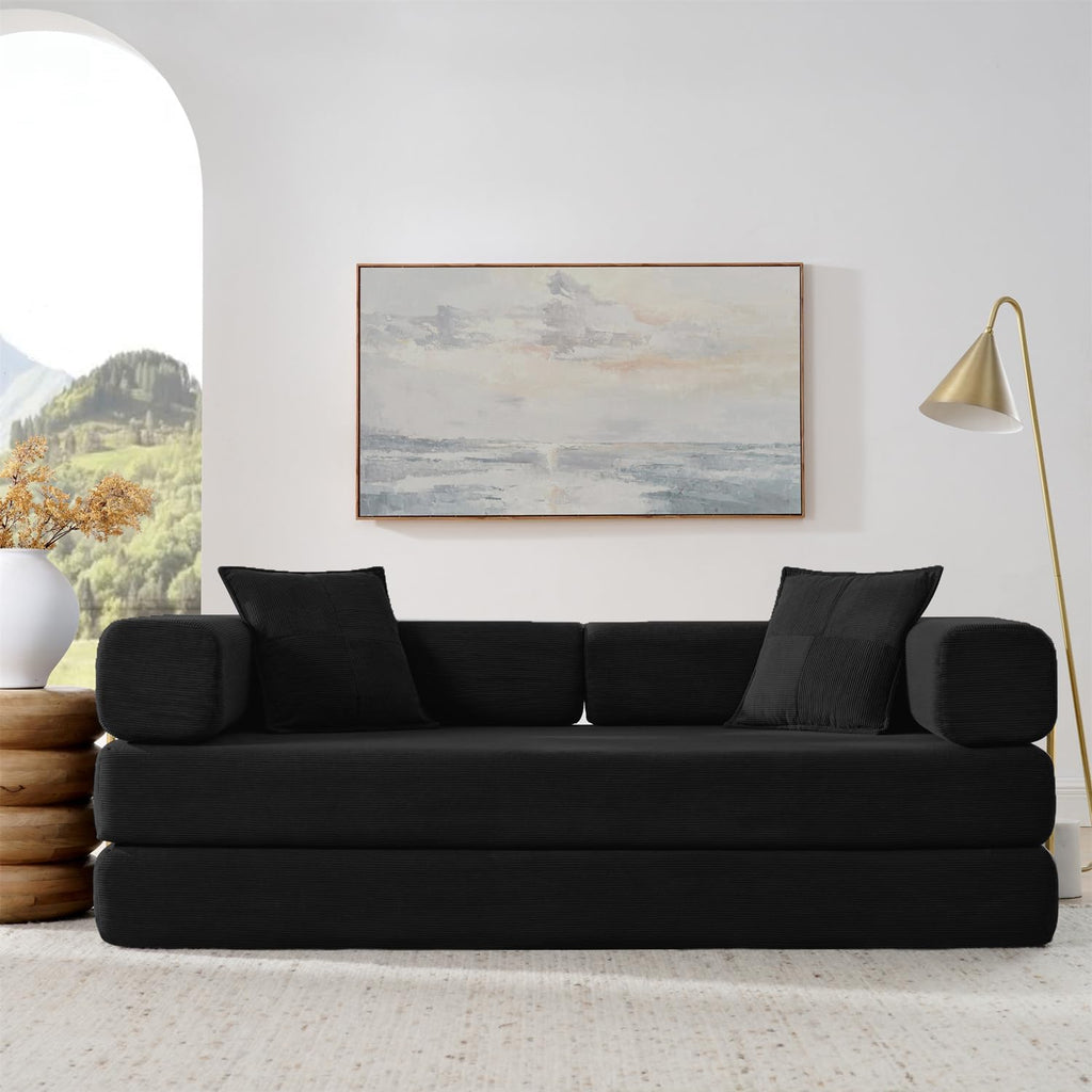 4-in-1 Folding Convertible Sofa Bed, 78 Inch Boneless Couch with Fixed-Shape Frame, Corduroy Loveseat Sleeper with Pull Out Bed, Floor Sofa Modular Futon Couch for Living Room Bedroom Lounge (Black)