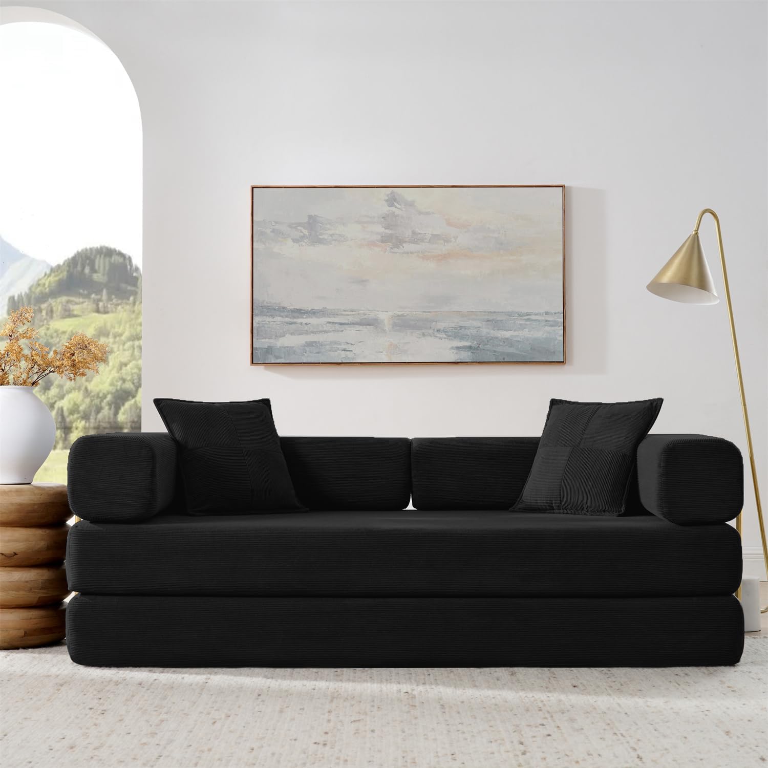 4-in-1 Folding Convertible Sofa Bed, 78 Inch Boneless Couch with Fixed-Shape Frame, Corduroy Loveseat Sleeper with Pull Out Bed, Floor Sofa Modular Futon Couch for Living Room Bedroom Lounge (Black)