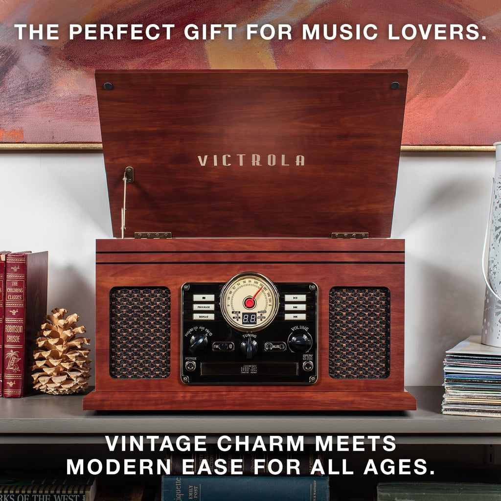 Victrola The Quincy 6-in-1 Bluetooth Record Player & Multimedia Center with Built-in Speakers – 3-Speed Turntable, CD & Cassette Player, FM Radio, Wireless Music Streaming (Mahogony)
