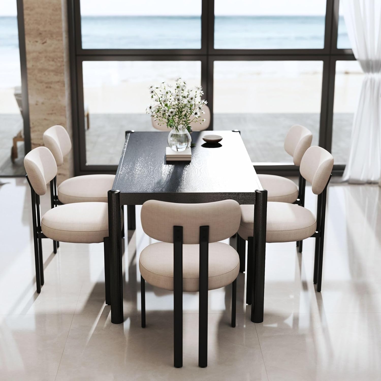 LukeAlon Linen Dining Chairs Set of 6, Curved Back Modern Side Chairs Upholstered Armless Reception Guest Chair with Black Metal Legs for Kitchen Restaurant Dining Room, Light Beige