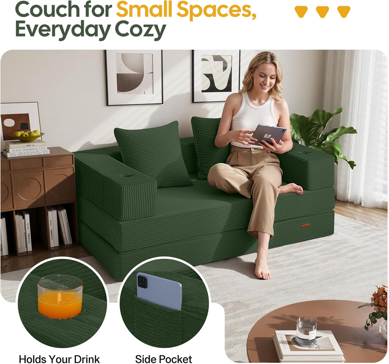 COMAX Futon Sofa Bed, 4‑in‑1 Convertible Sofa Bed, Folding Boneless Couches for Living Room, Fold Out Small Foldable Loveseat Floor Sleeper Comfy Mattress Lounge Space‑Saving, Green