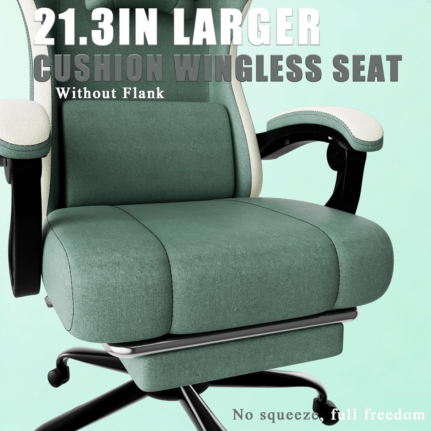 Gaming Chair, High Back Fabric Computer Chair with Pocketed Spring Cushion and Footrest, Height Adjustable Game Chair with Headrest and Lumbar Support (Beige & Blue)