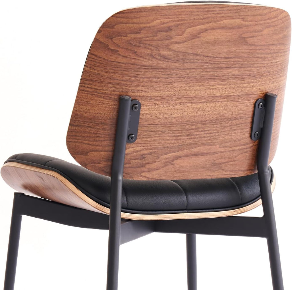 GrandNoor Mid Century Modern Dining Chairs with Walnut Grain Back, Black Faux Leather Dining Room Chairs Set of 4, Checkered Soft Cushion Kitchen Chairs with Adjustable Foot Pads