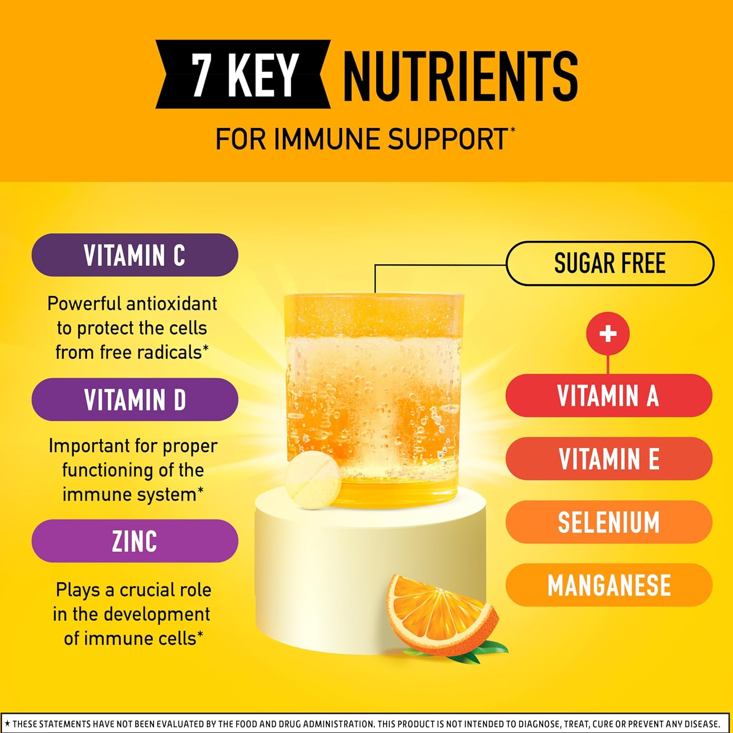Airborne 1000mg Vitamin C + Zinc Sugar Free Multivitamin Immune Support Effervescent Fizzy Drink Tablets, Zesty Orange Flavor with Powerful Antioxidants Vitamins A C & E, 30 Tablets