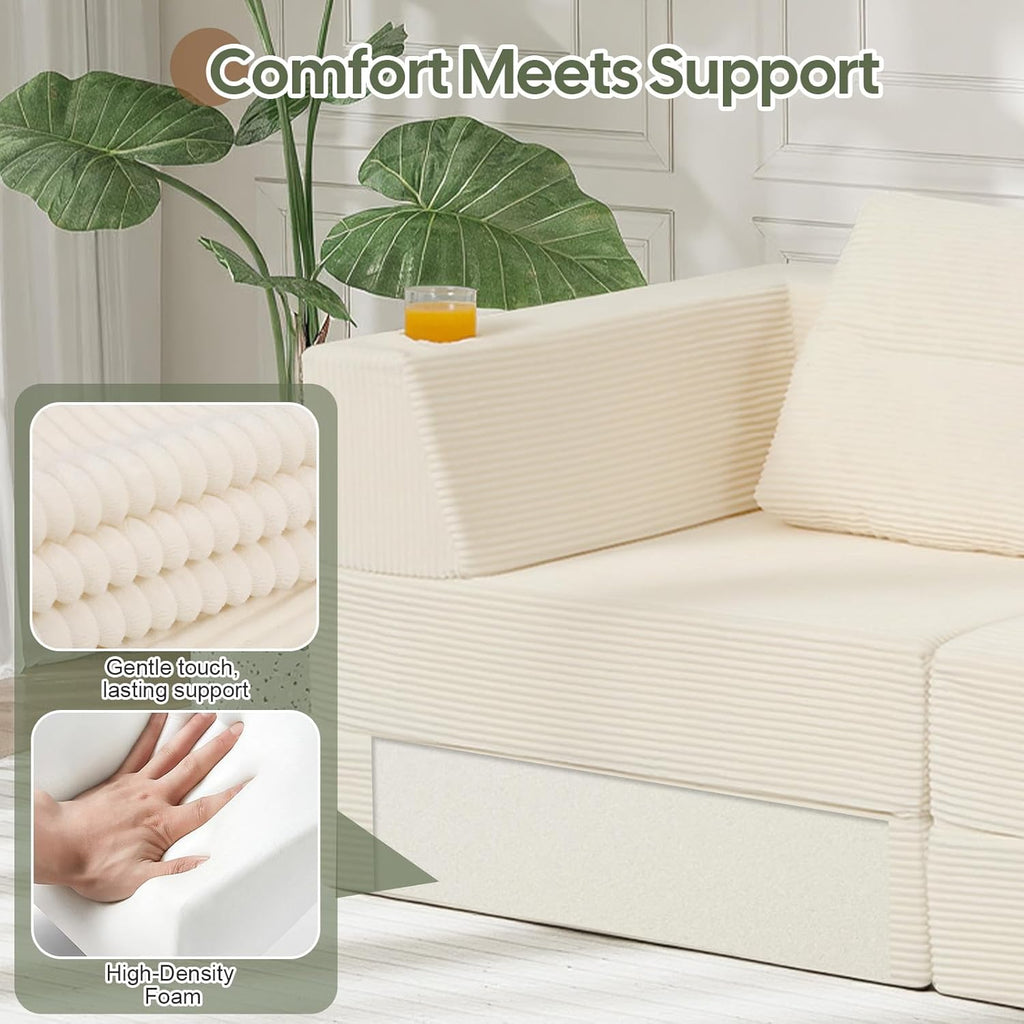 COMAX Futon Sofa Bed 3 Seater, 106" Convertible Sofa Bed Couches for Living Room, 4 in 1 Folding Boneless Sleeper Corduroy Couch Foam in a Box, Comfy Foldable Lounge Fold Out Floor Mattress, Beige