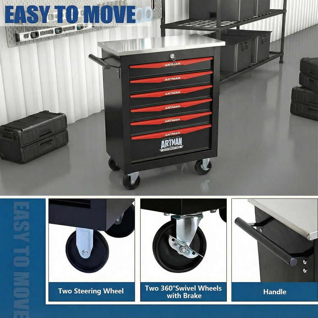 6-Drawer Rolling Tool Chest with Stainless Steel Countertop, Tool Chest with Secure Locking System, Mobile Storage Tool Cabinet with 360°Wheels and Padded Feet for Garage,Home (Black+Red)