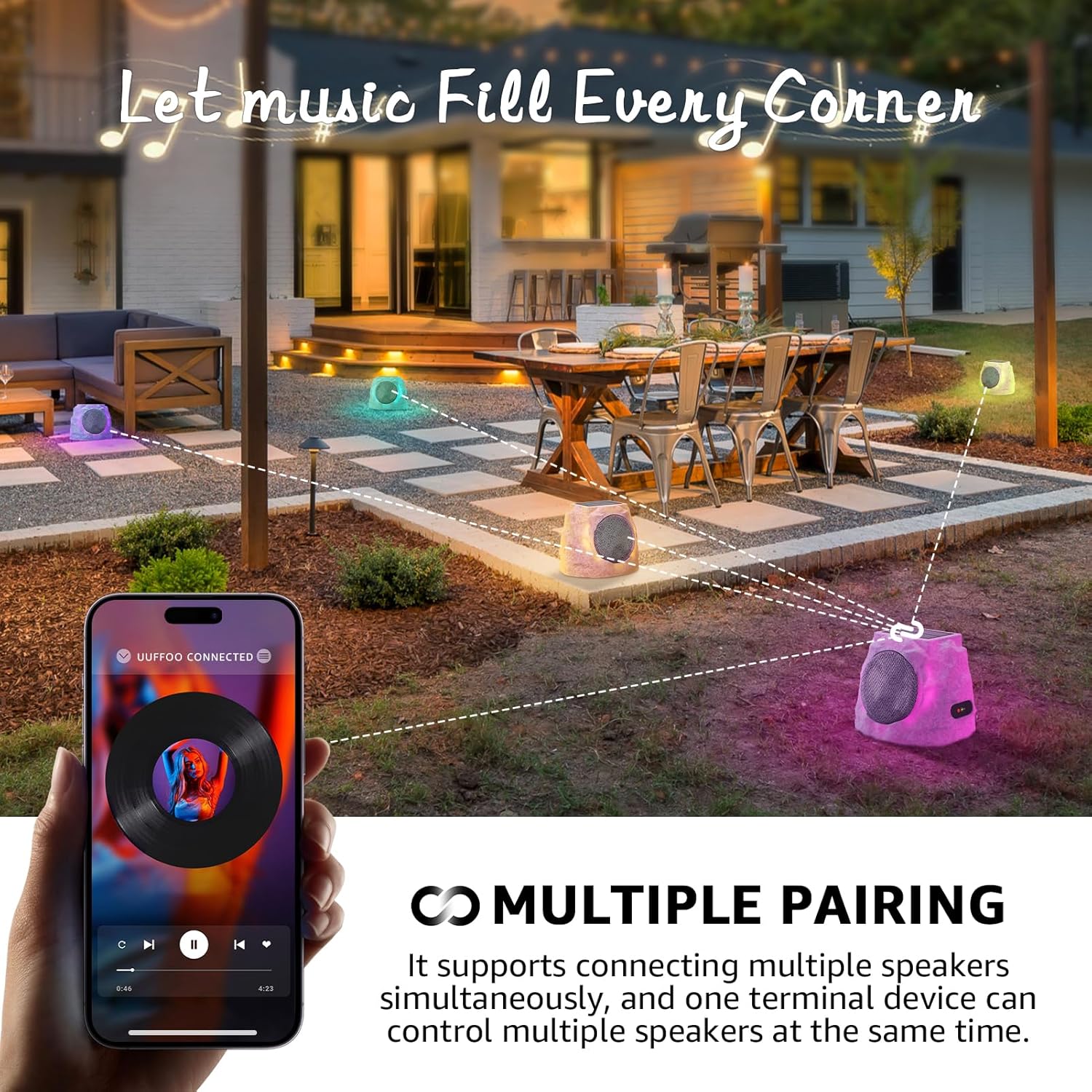 Rock Speakers Outdoor Water-Resistant IP44, Multi-Sync Up to 100 Speakers, Solar-Powered Rock Speaker with Light for Patio Garden Party Pool Deck Yard Outside