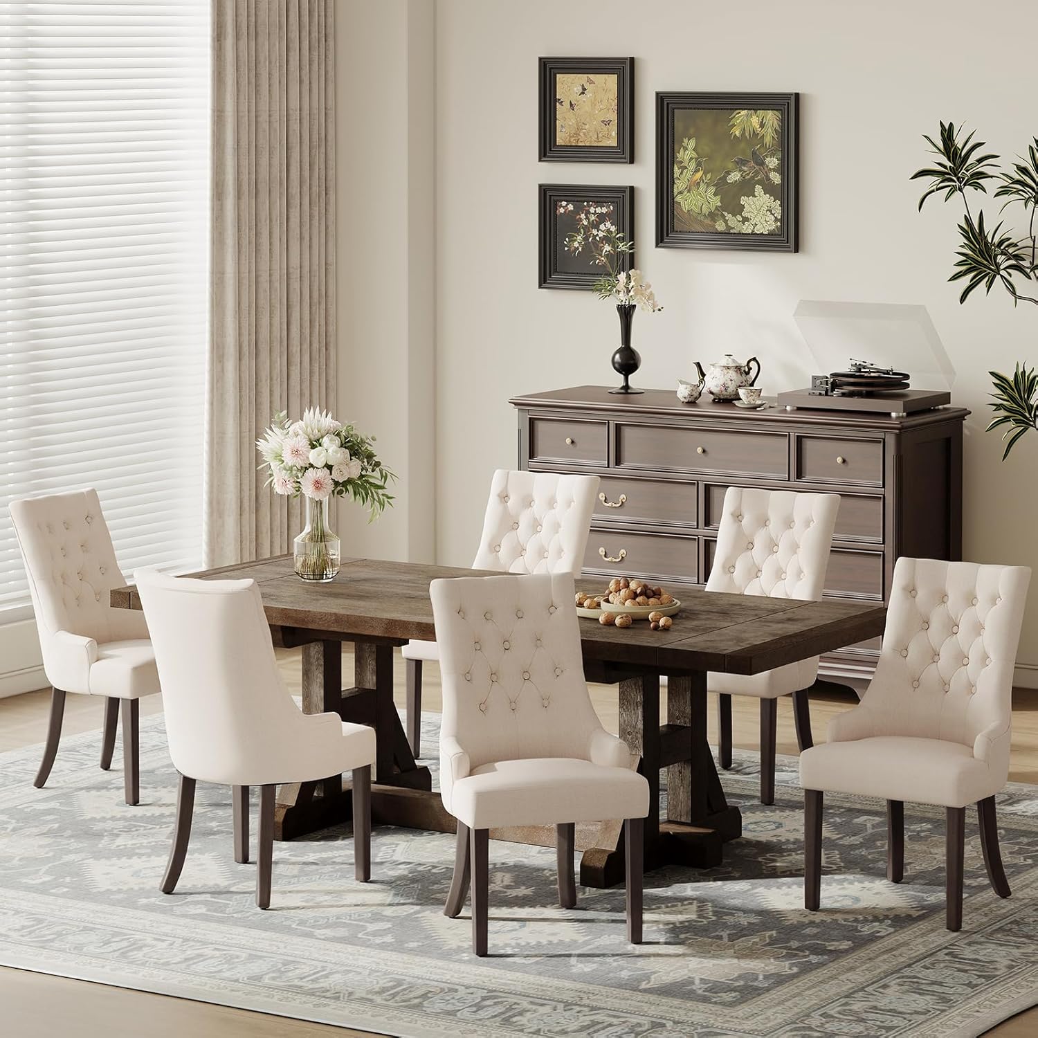 COLAMY Fabric Side Dining Chairs Set of 6, Wingback Upholstered Dining Room Chairs with Tufted Button, Living Room Chairs for Home Kitchen, Beige