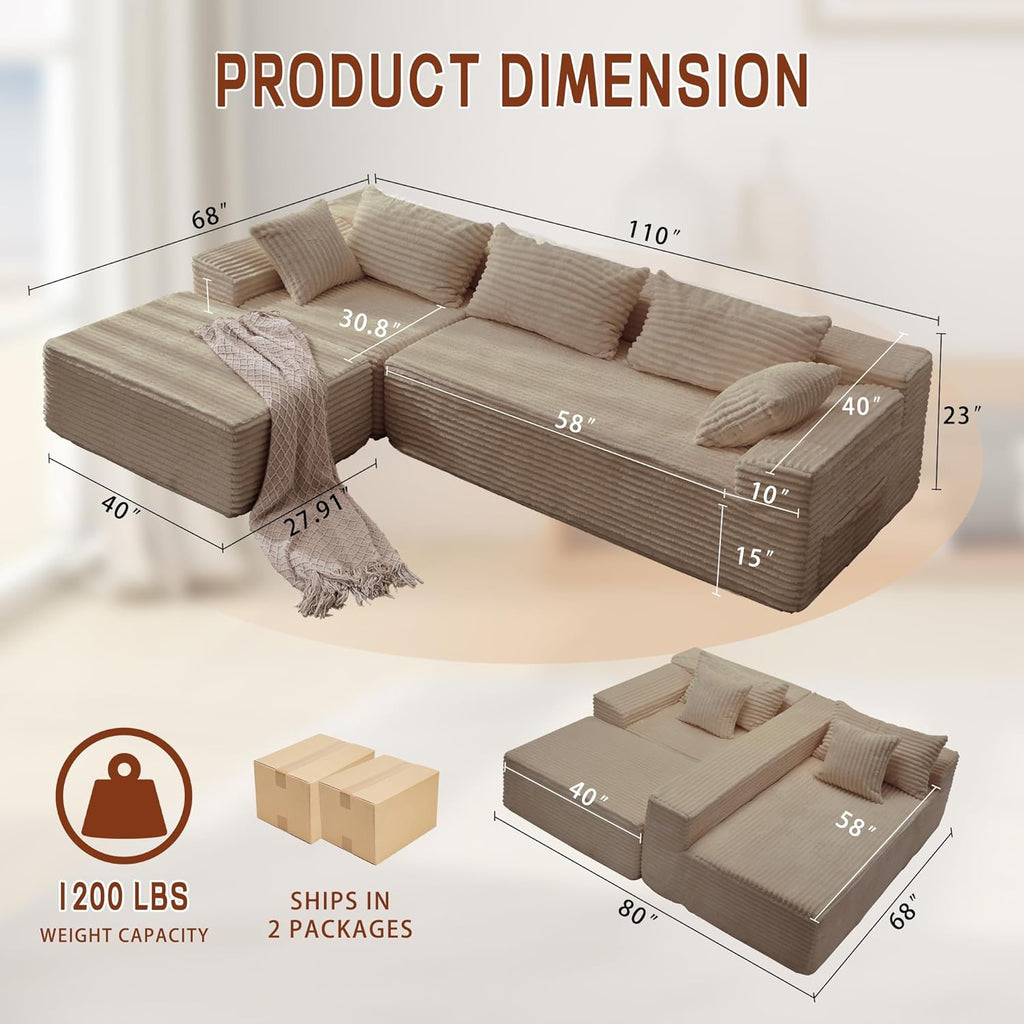 Korser 110" L-Shaped Modular Sectional Sofa with Chaise, Boneless Comfy Corduroy Fluffy Couch with Deep Seat and Side Pockets, Flexible Module Combination for Living Room, No Assembly, Side Pockets