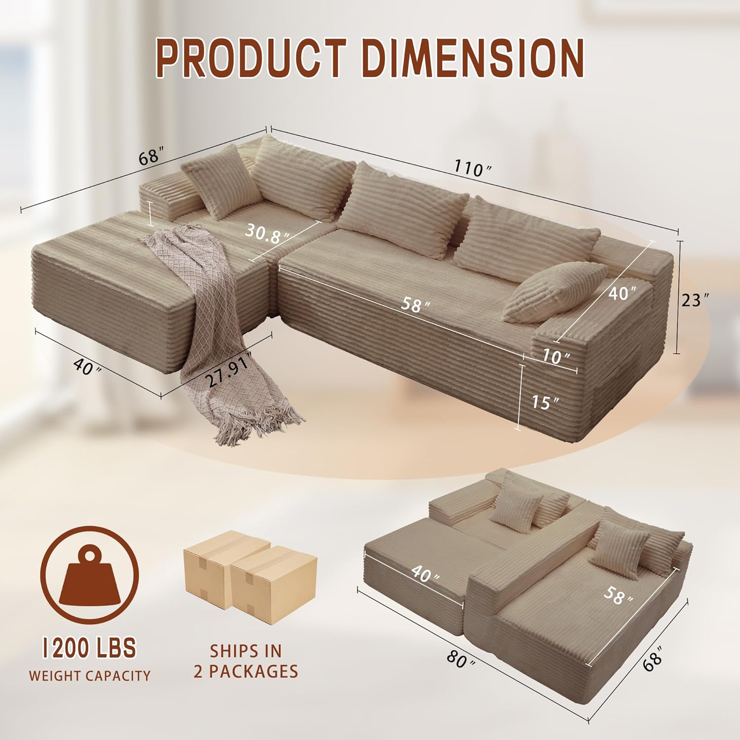 Korser 110" L-Shaped Modular Sectional Sofa with Chaise, Boneless Comfy Corduroy Fluffy Couch with Deep Seat and Side Pockets, Flexible Module Combination for Living Room, No Assembly, Side Pockets