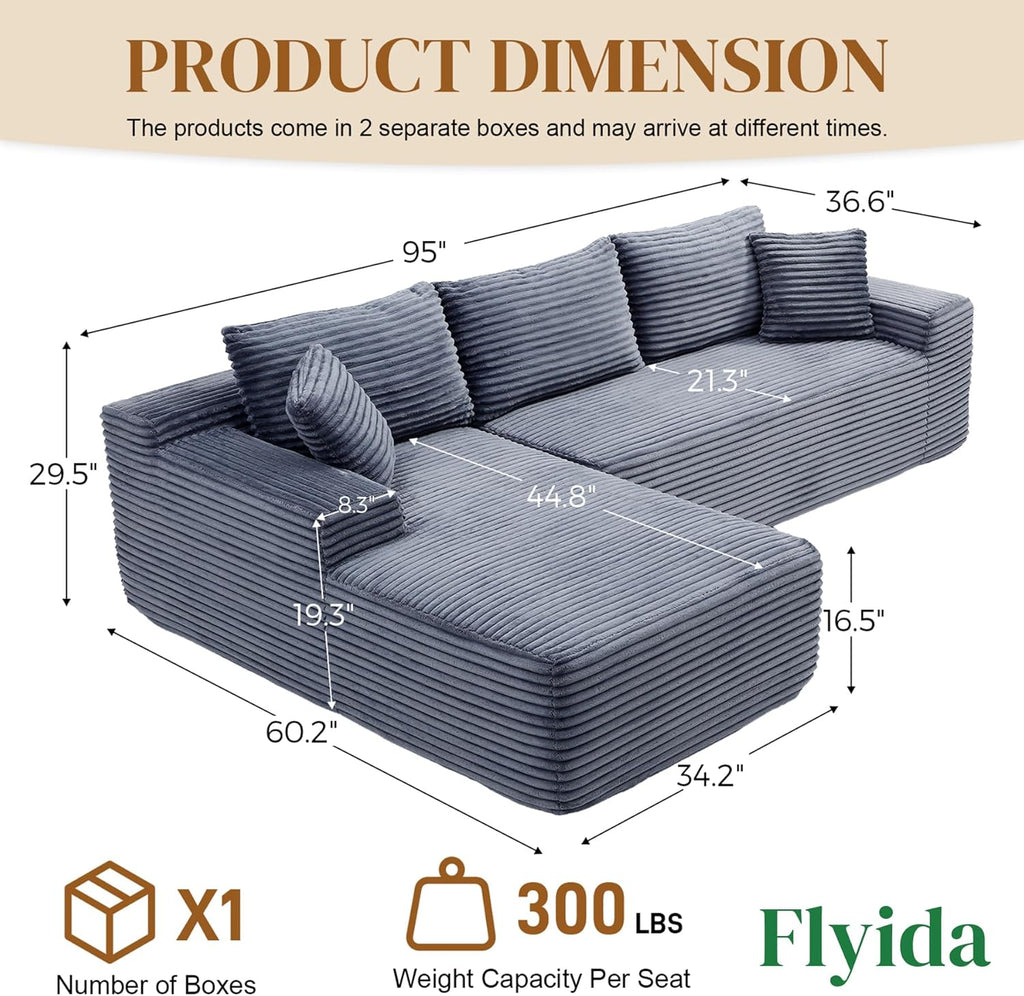 95" Boneless Cloud Sectional Couches for Living Room, Comfy Fluffy L Shaped Memory Foam Deep Seat Boneless Couch, Modular Sectional Sofa with Left Facing Chaise, Grey