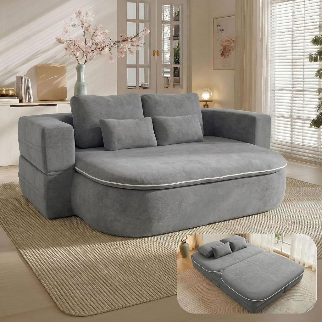 75'' Folding Sleeper Sofa Bed, Convertible Memory Foam Boneless Couch, Foldable Full Size Guest Bed, Modern 2-in-1 Futon Floor Sleeper Sofa with 4 Pillows and Blanket (Chenille, Gray1)