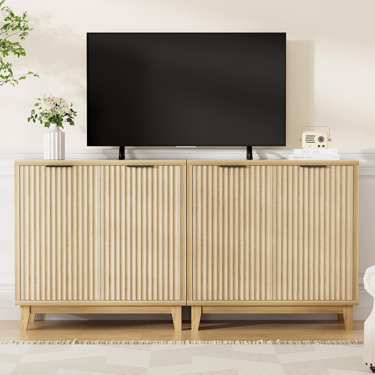Fluted Cabinet with Storage, 2 Doors Sideboard Buffet, Mid Century Modern Accent Cabinet with Adjustable Shelves, Multifunctional Console Table with Storage for Living Room, Kitchen, Entryway