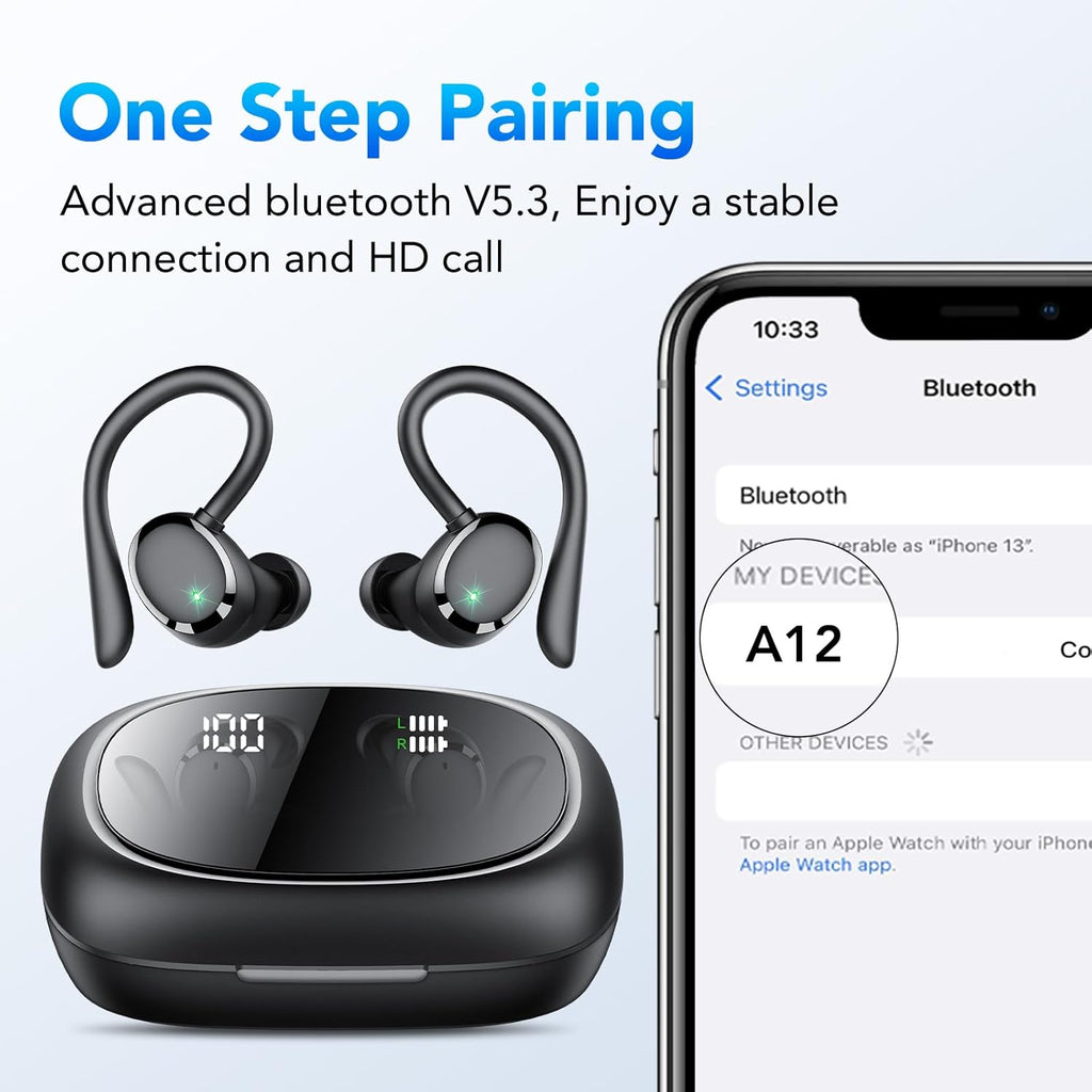 IKG Ear Buds Wireless Earbuds Bluetooth 5.3 Headphones 72hrs Playtime with Digital Display Sports Wireless Headphones with Earhook Deep Bass 2.0,IPX7 Waterproof, Over-Ear Earphones for Sport Running