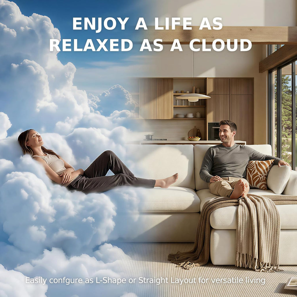 108" Modern Cloud Couch, Plush L Shaped Sectional Couch with Ottoman, Comfy Boneless Couch Modular Sofa, High-Density Memory Foam Deep Seat, No Assembly Required, Pet-Friendly, White