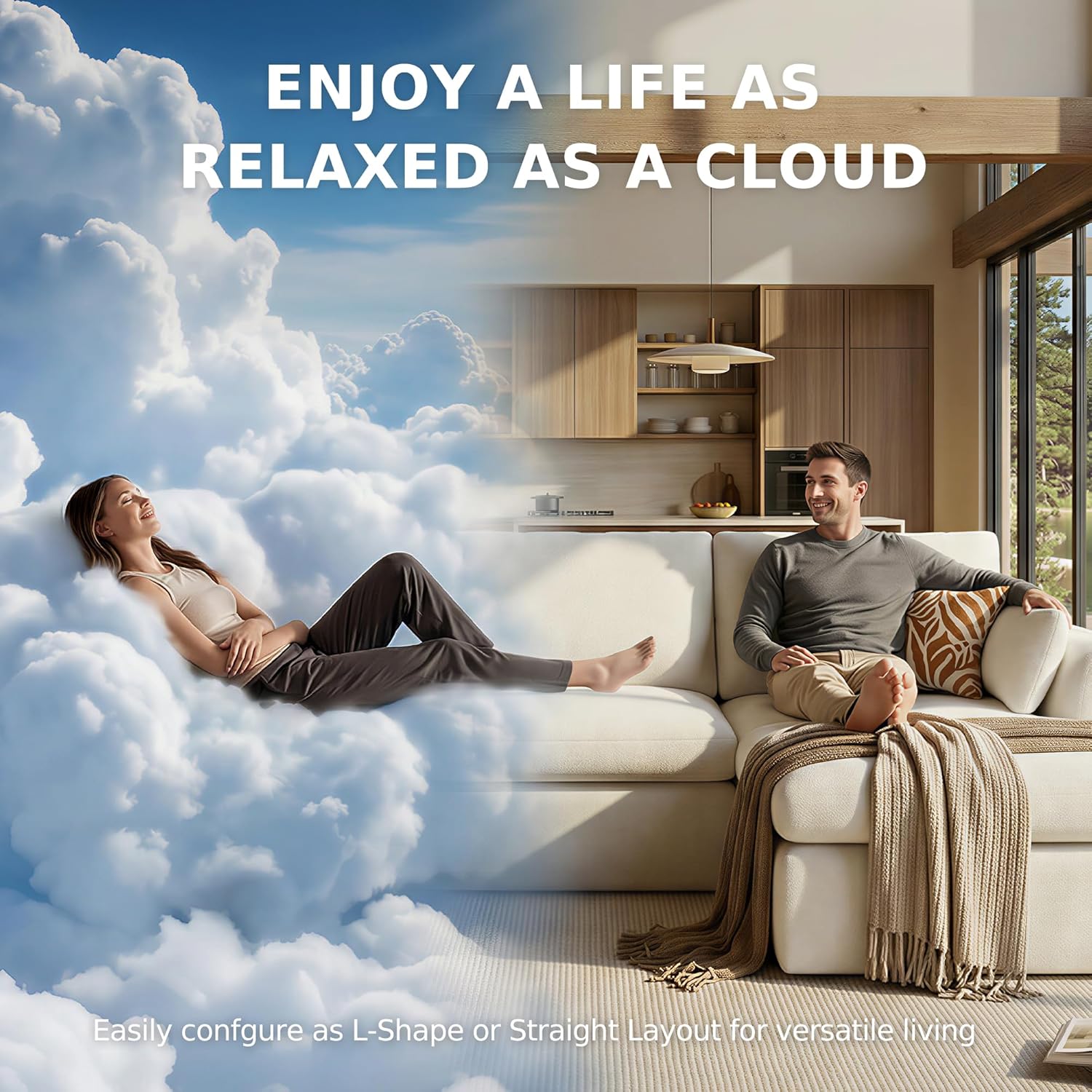108" Modern Cloud Couch, Plush L Shaped Sectional Couch with Ottoman, Comfy Boneless Couch Modular Sofa, High-Density Memory Foam Deep Seat, No Assembly Required, Pet-Friendly, White