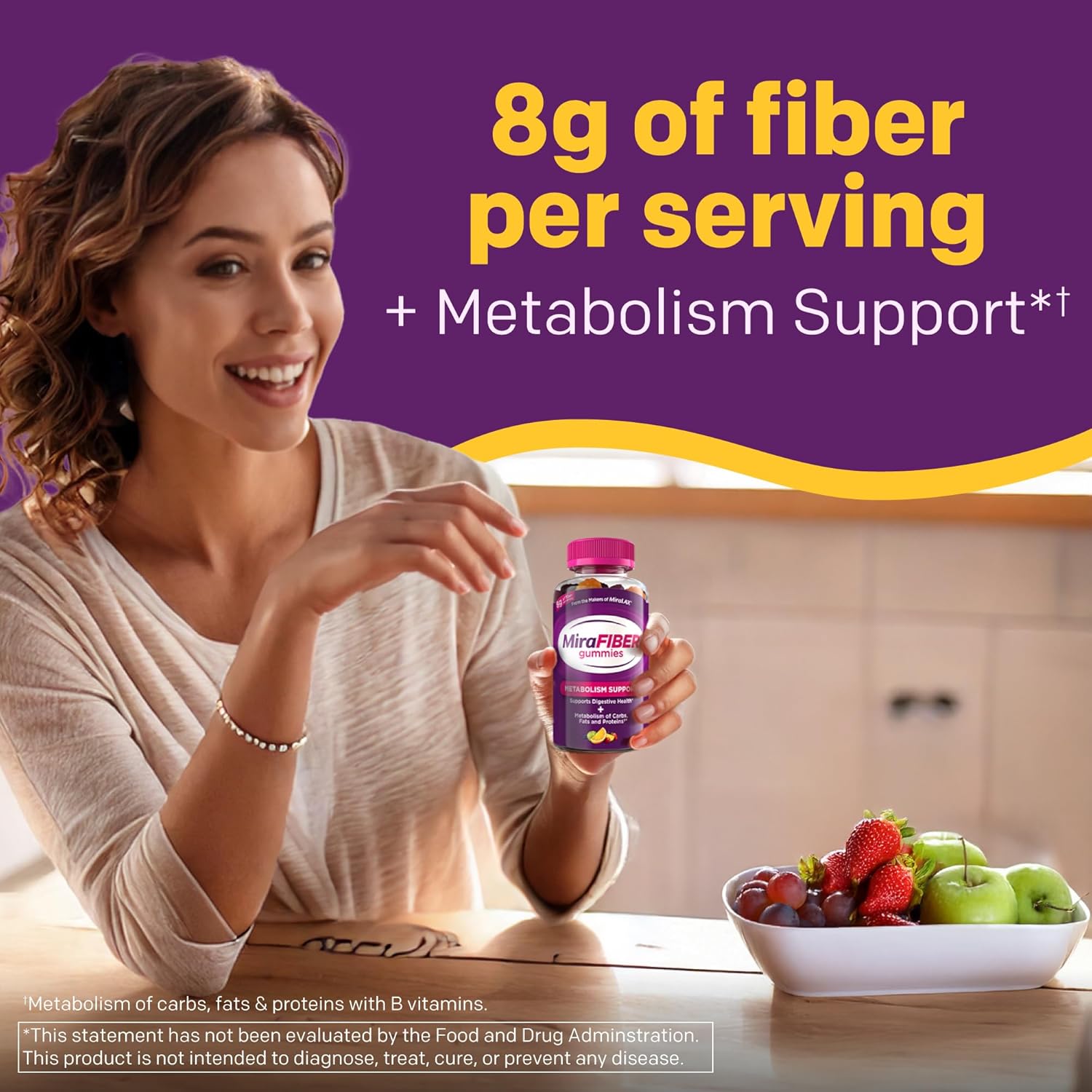 MiraFIBER Gummies from The Makers of MiraLAX, 8g of Daily Fiber Per Serving, Metabolism Support with B Vitamins, Gut Health for Men & Women,Prebiotic Fiber Gummies for Adults, Mixed Fruit Flavor 72Ct