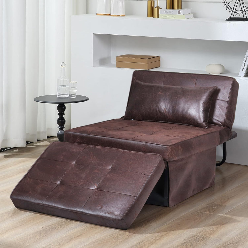 BIGSYY Sofa Bed, Set of 4 in 1 Multi-Function Folding Ottoman Breathable Linen Couch Bed with Adjustable Backrest Modern Convertible Chair for Living Room Apartment Office, PU Imitation, Brown
