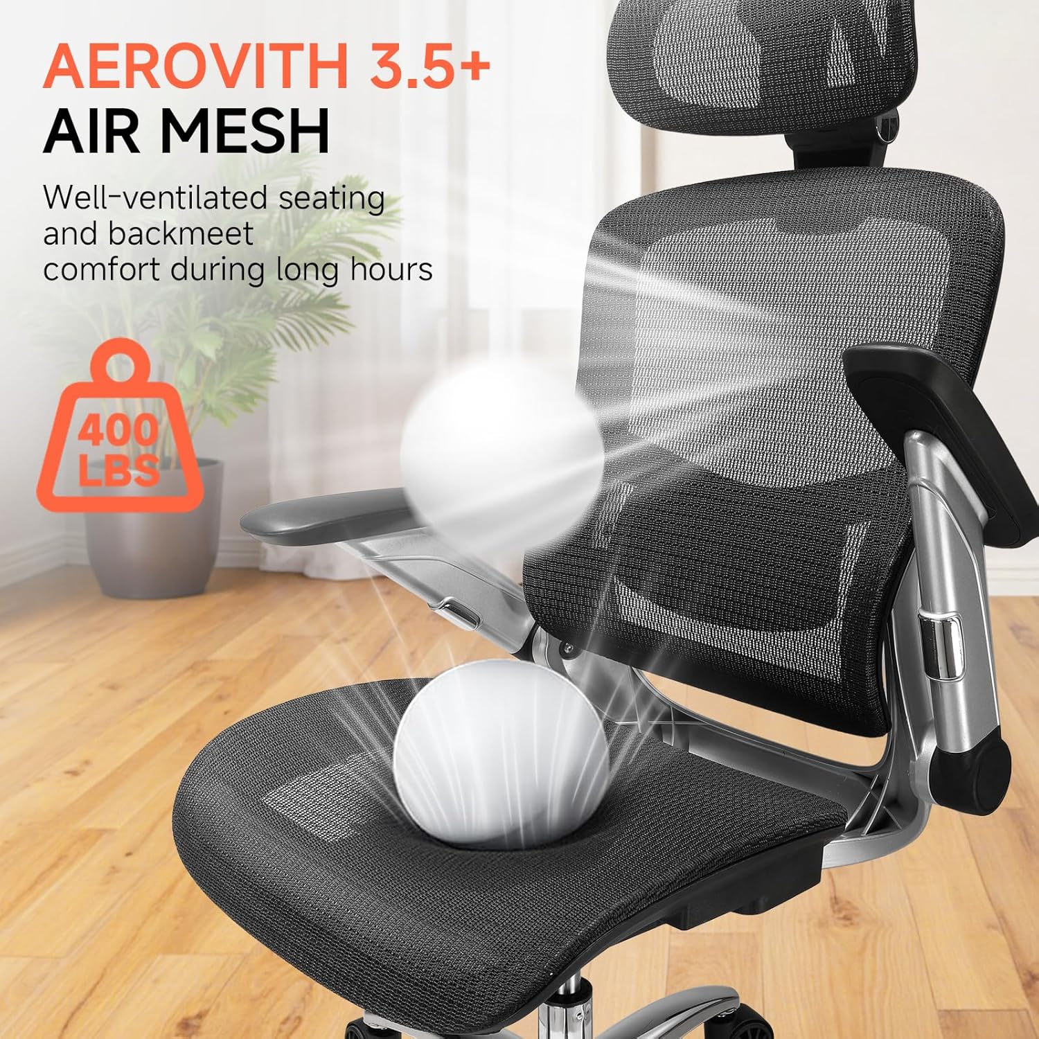 GTPLAYER Big and Tall Ergonomic Mesh Office Chair, High Back Home Desk Chair Computer Gaming Chair with Headrest, Flip-Up Arms, 90-125° Tilt Lock and Wide Cushion, Task Chair for Man Woman-Deep Black